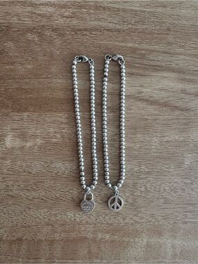 Tiffany & Co. Silver Beaded Double Bracelet Set with Heart & Peace Charms